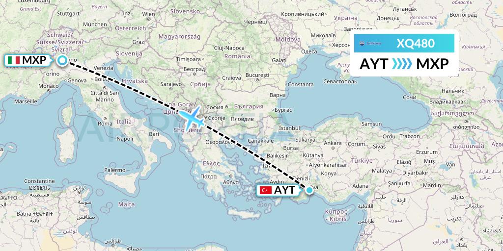 XQ480 SunExpress Flight Map: Antalya to Milan