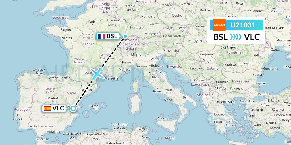 U21031 EasyJet Flight Map: Basel to Valencia