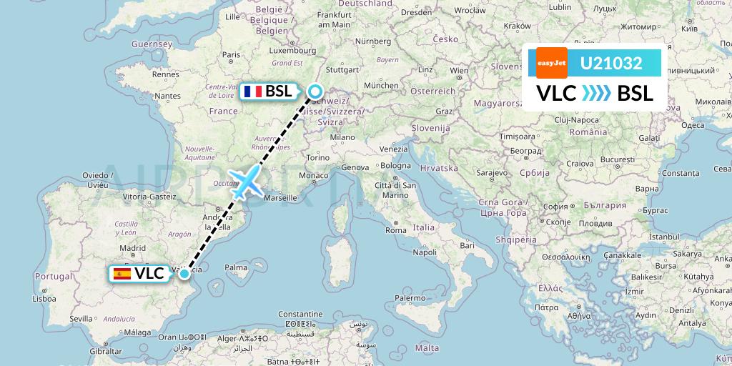 U21032 EasyJet Flight Map: Valencia to Basel