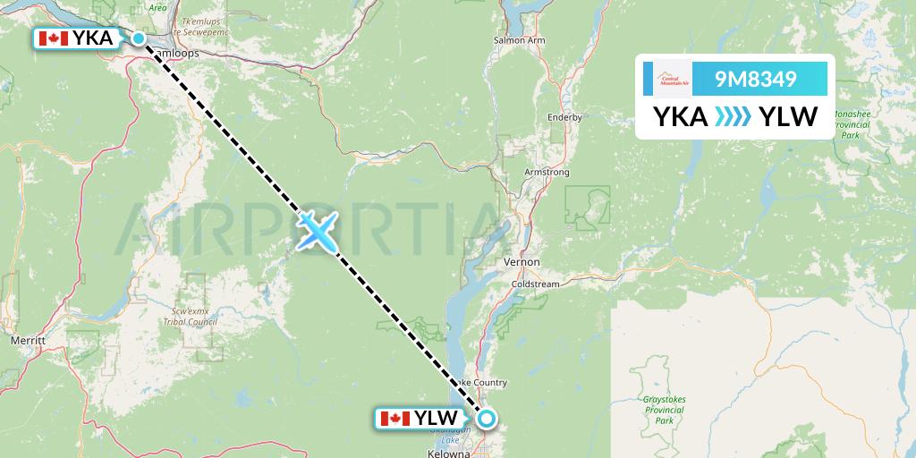 9M8349 Central Mountain Air Flight Map: Kamloops to Kelowna