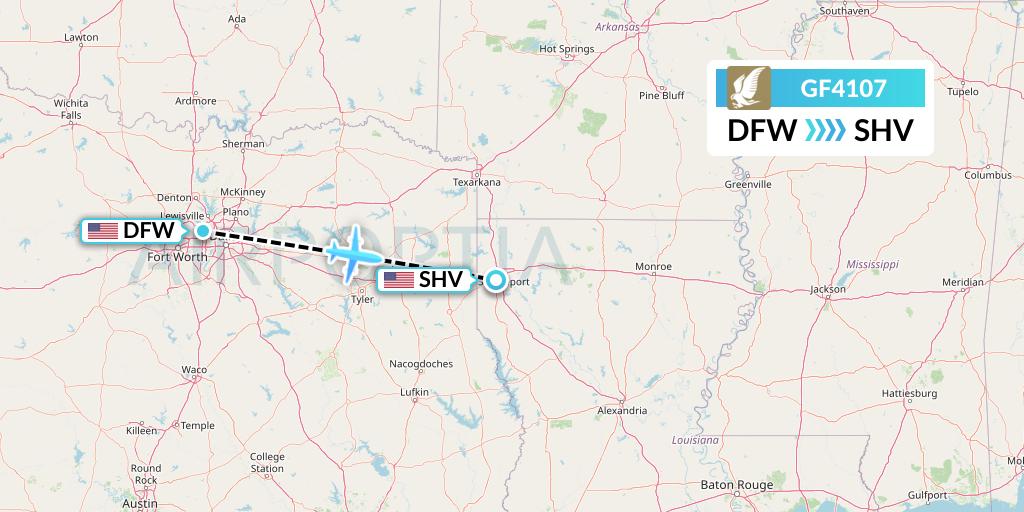 GF4107 Gulf Air Flight Map: Dallas to Shreveport