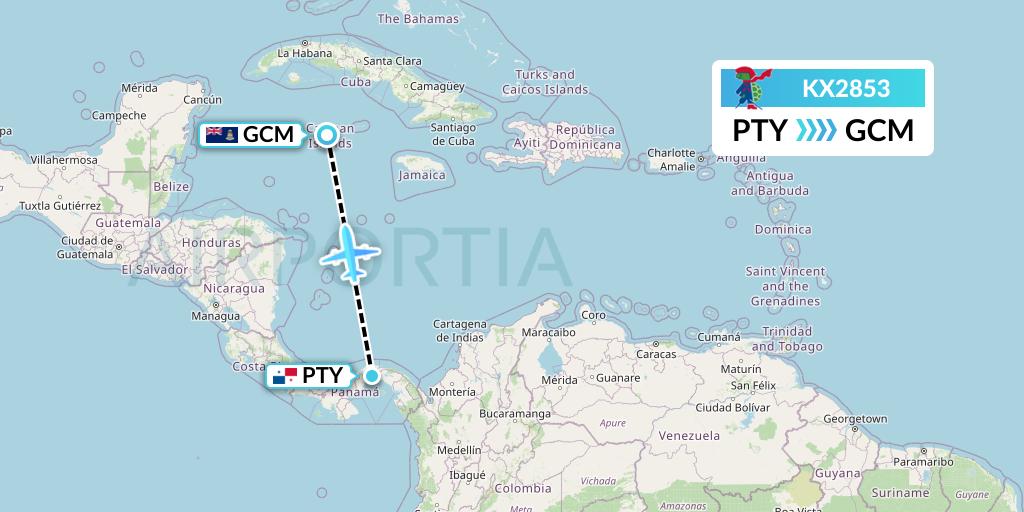 KX2853 Cayman Airways Flight Map: Panama City to George Town