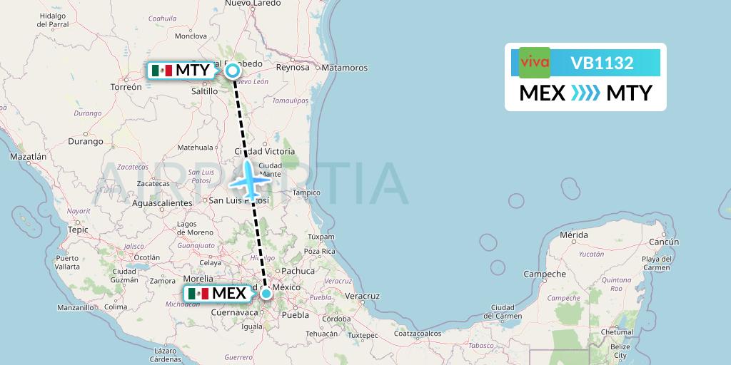 VB1132 VivaAerobus Flight Map: Mexico City to Monterrey