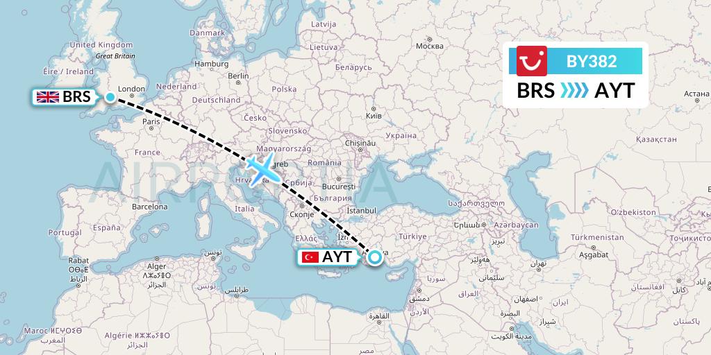 BY382 TUI Airways Flight Map: Bristol to Antalya