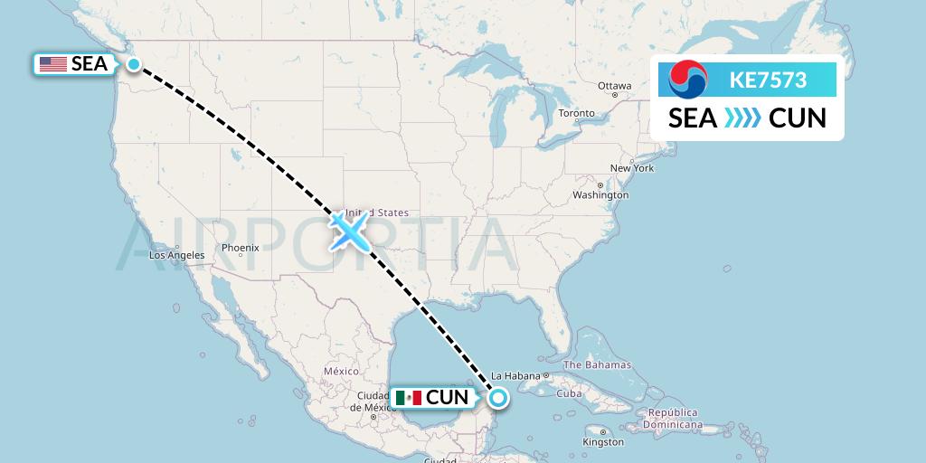 KE7573 Korean Air Flight Map: Seattle to Cancun