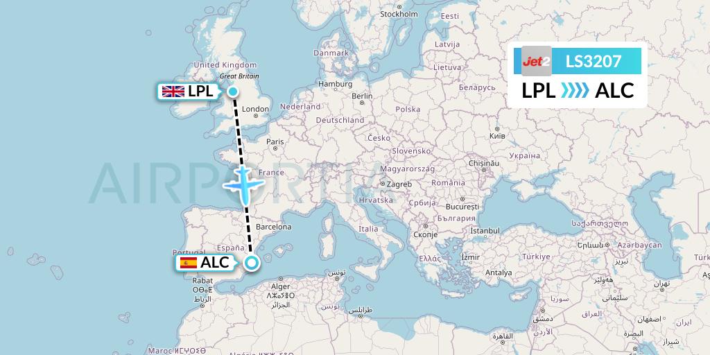 LS3207 Jet2 Flight Map: Liverpool to Alicante