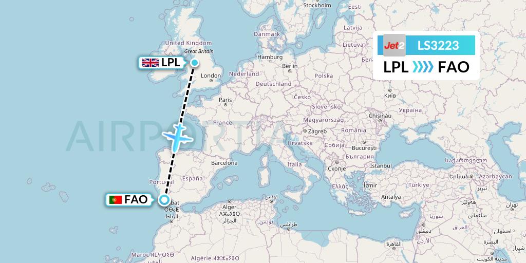 LS3223 Jet2 Flight Map: Liverpool to Faro