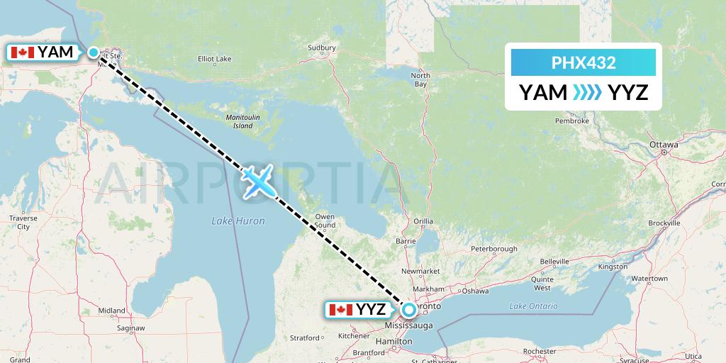 PHX432 SkyCare Flight Map: Sault Ste. Marie to Toronto