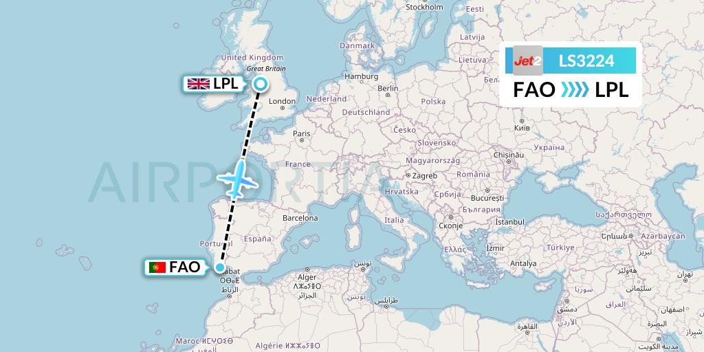LS3224 Jet2 Flight Map: Faro to Liverpool