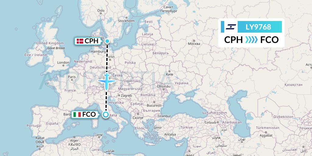 LY9768 El Al Flight Map: Copenhagen to Rome