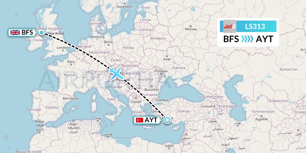 LS313 Jet2 Flight Map: Belfast to Antalya