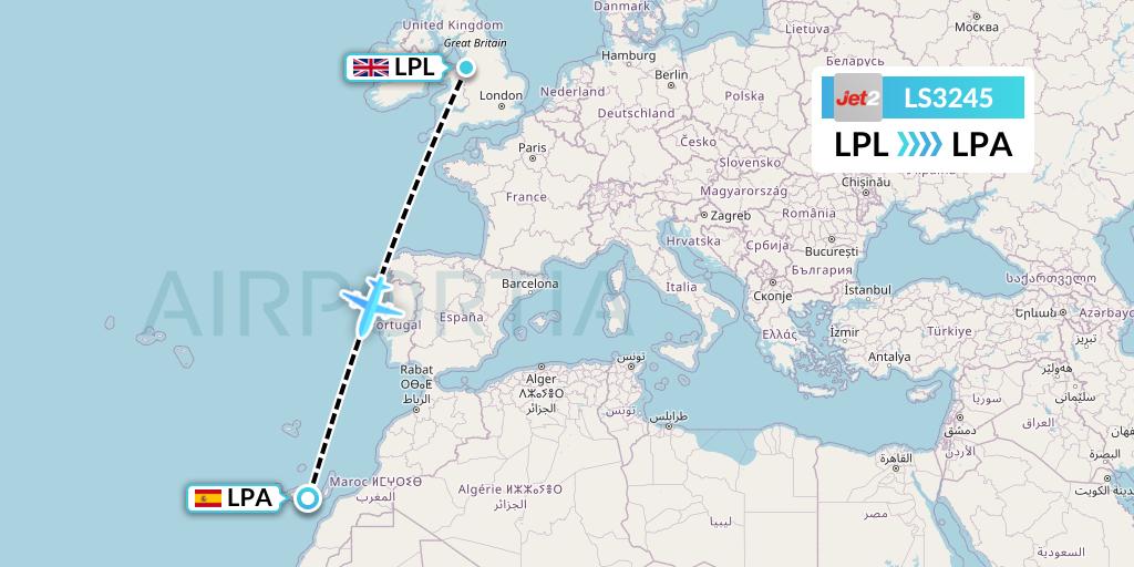 LS3245 Jet2 Flight Map: Liverpool to Las Palmas