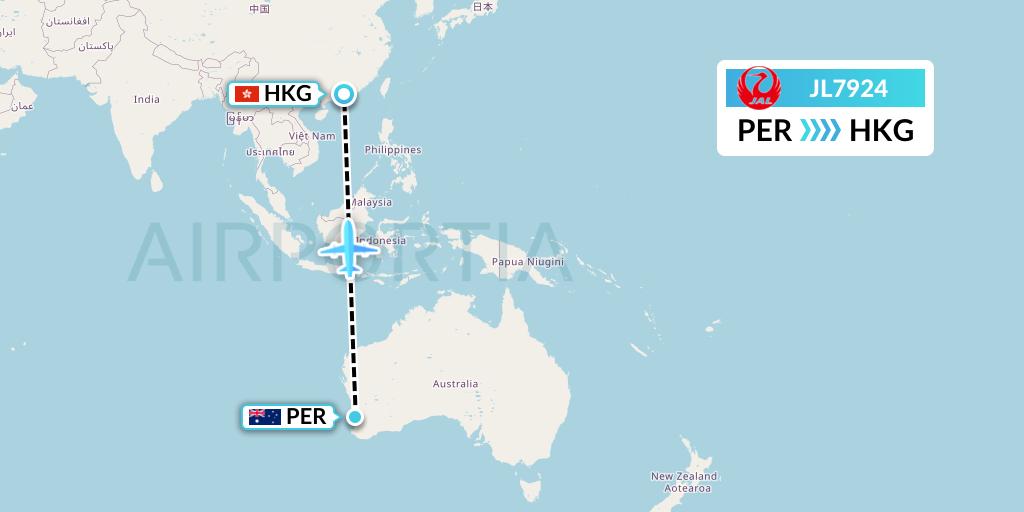 JL7924 Japan Airlines Flight Map: Perth to Hong Kong