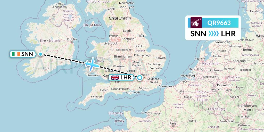 QR9663 Qatar Airways Flight Map: Shannon to London