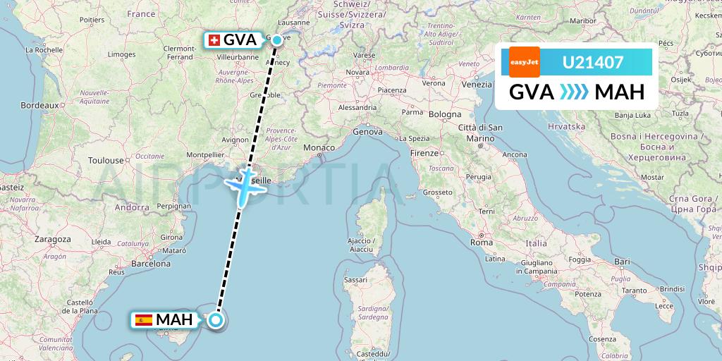 U21407 EasyJet Flight Map: Geneva to Mahon