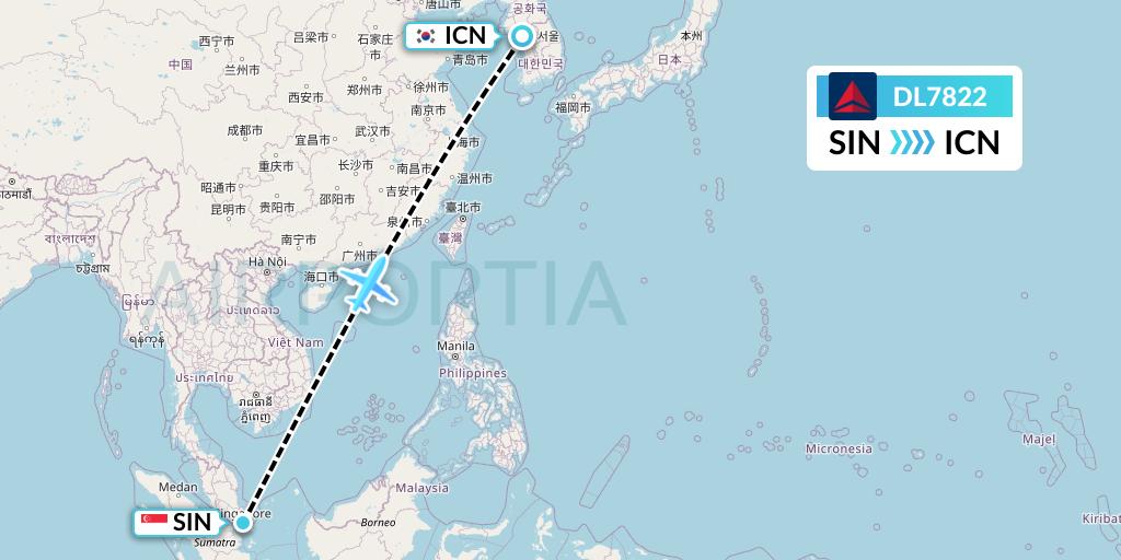 DL7822 Delta Air Lines Flight Map: Singapore to Seoul