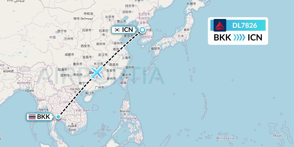 DL7826 Delta Air Lines Flight Map: Bangkok to Seoul