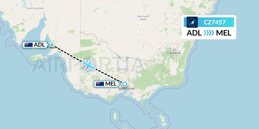 CZ7457 China Southern Airlines Flight Map: Adelaide to Melbourne