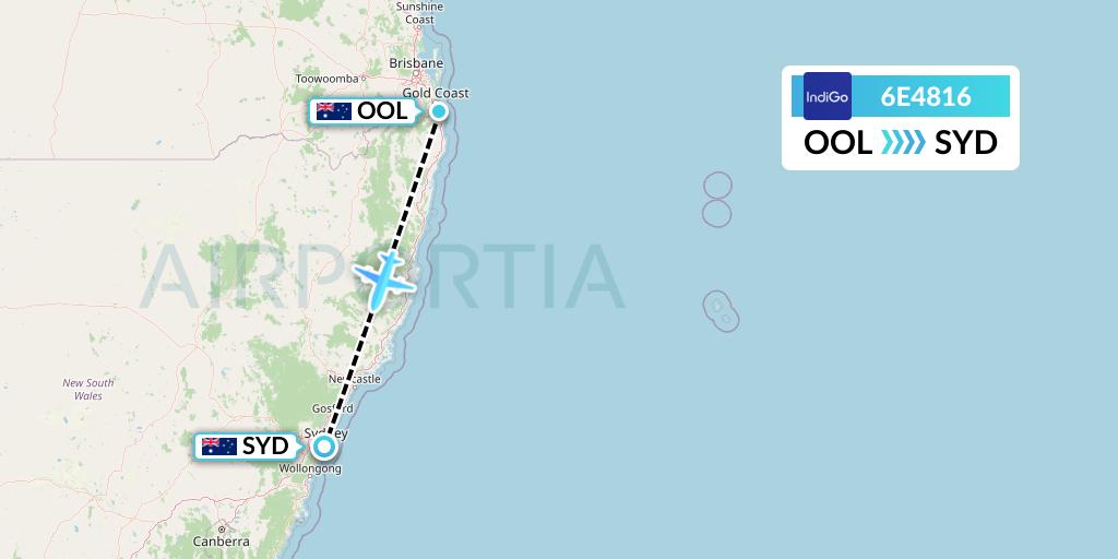 6E4816 IndiGo Airlines Flight Map: Gold Coast to Sydney