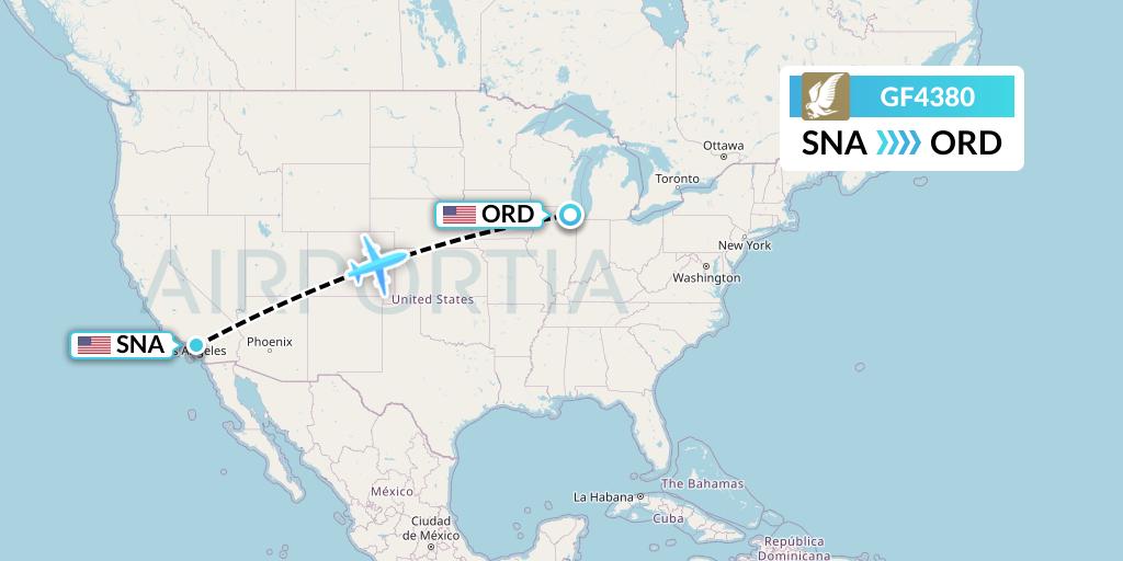 GF4380 Gulf Air Flight Map: Orange County to Chicago