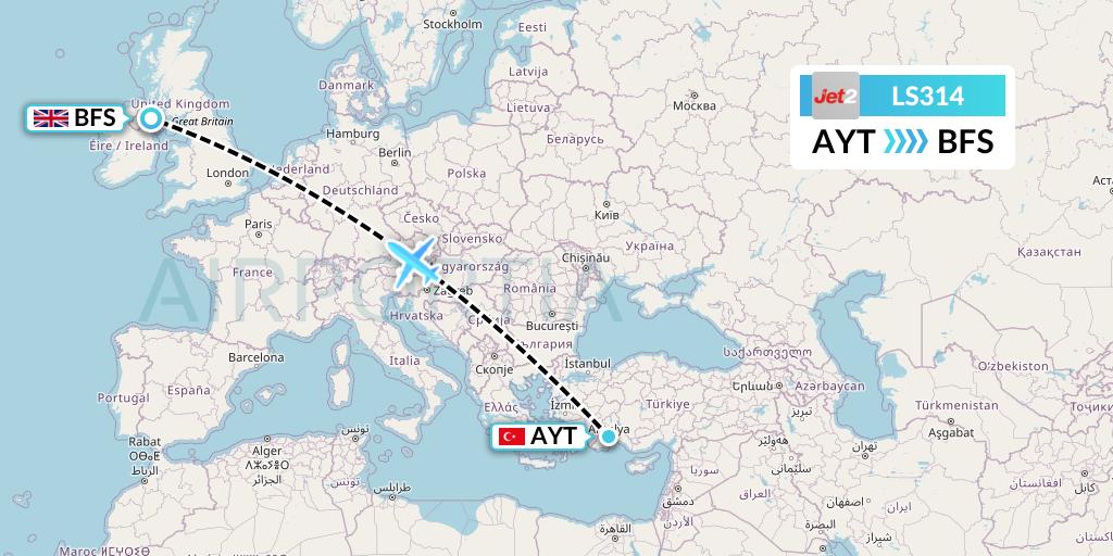 LS314 Jet2 Flight Map: Antalya to Belfast