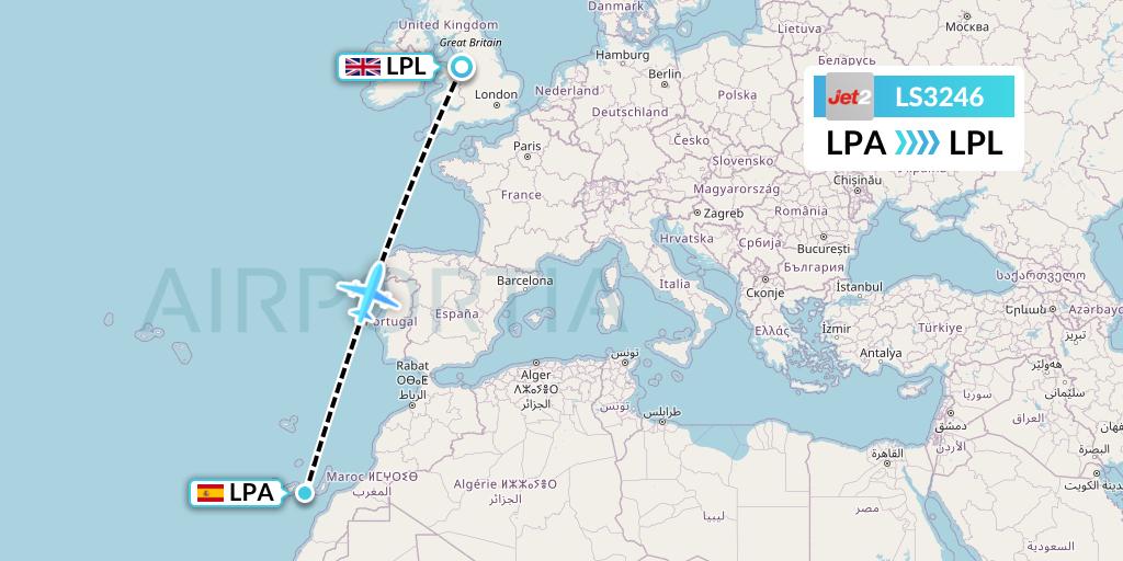 LS3246 Jet2 Flight Map: Las Palmas to Liverpool