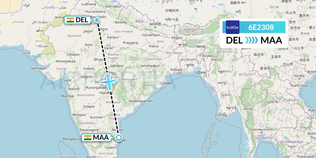 6E2308 IndiGo Airlines Flight Map: Delhi to Chennai