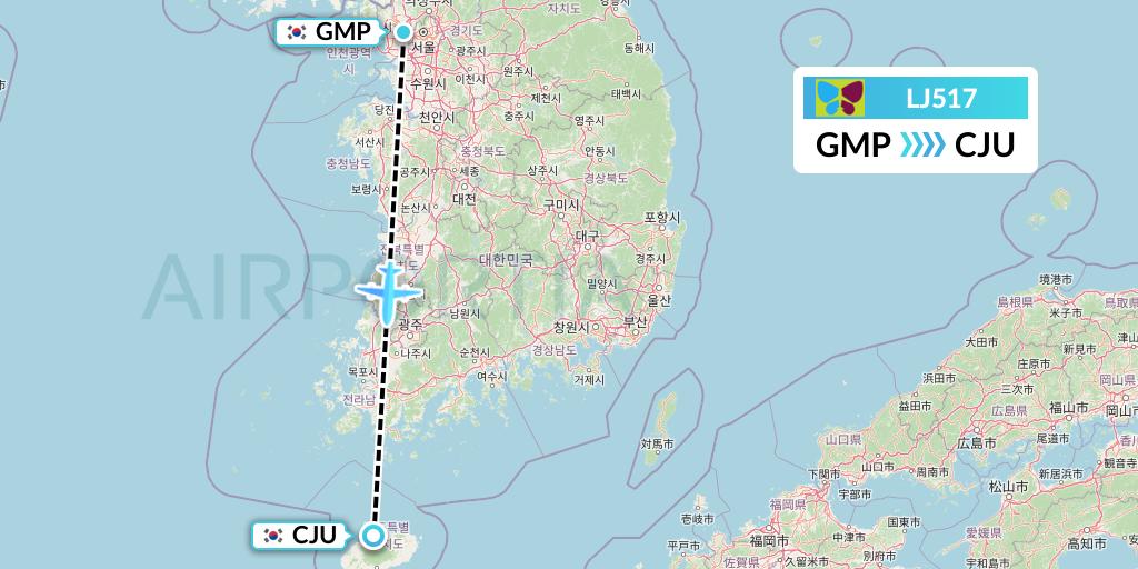 LJ517 Jin Air Flight Map: Seoul to Jeju