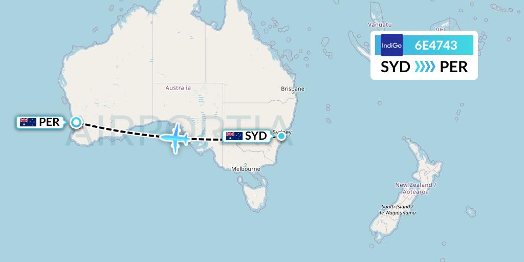6E4743 IndiGo Airlines Flight Map: Sydney to Perth