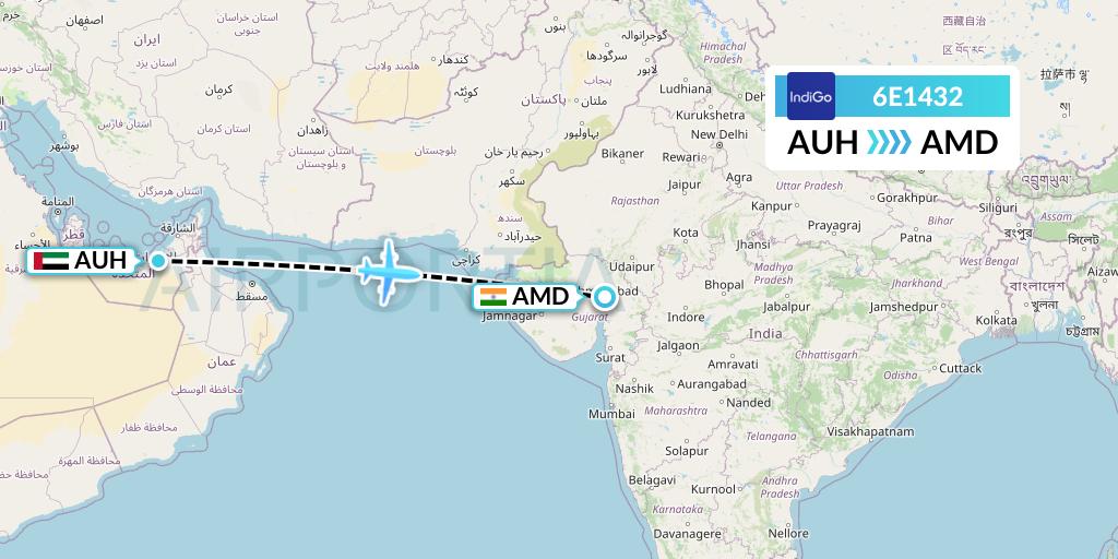 6E1432 IndiGo Airlines Flight Map: Abu Dhabi to Ahmedabad