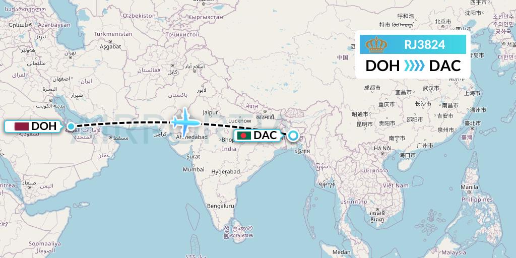 RJ3824 Royal Jordanian Flight Map: Doha to Dhaka