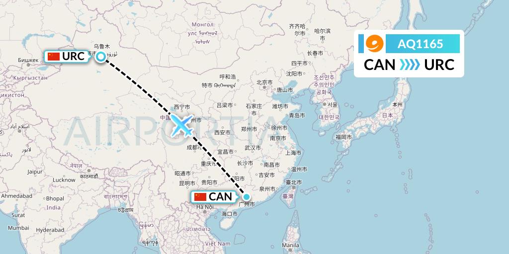 AQ1165 9 Air Flight Map: Guangzhou to Urumqi
