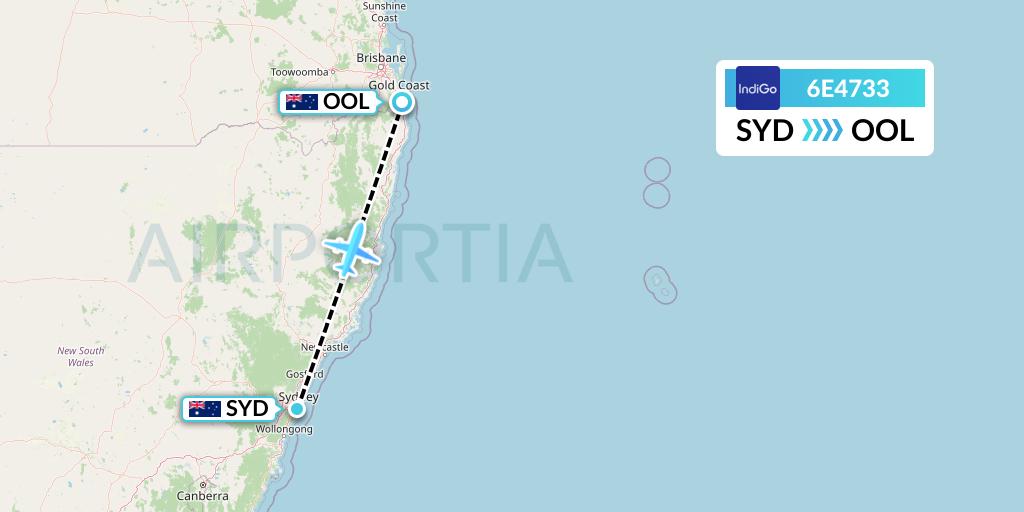 6E4733 IndiGo Airlines Flight Map: Sydney to Gold Coast