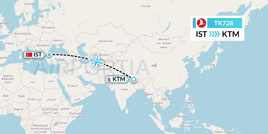 TK728 Turkish Airlines Flight Map: Istanbul to Kathmandu