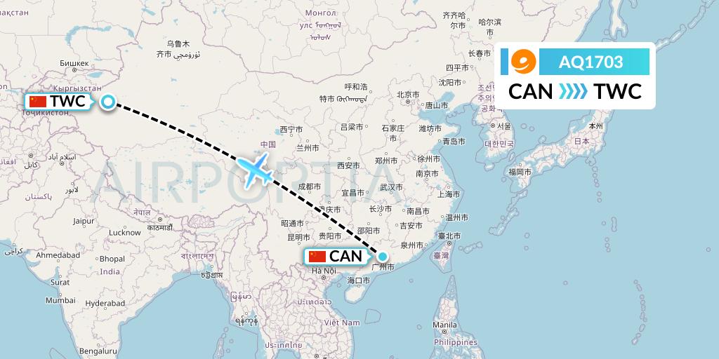 AQ1703 9 Air Flight Map: Guangzhou to Kashgar