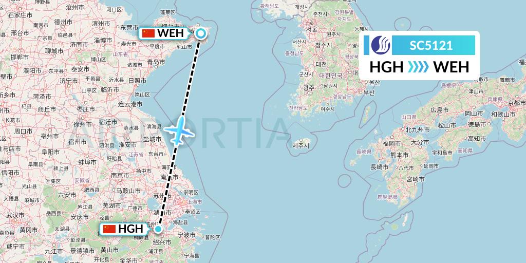 SC5121 Shandong Airlines Flight Map: Hangzhou to Weihai