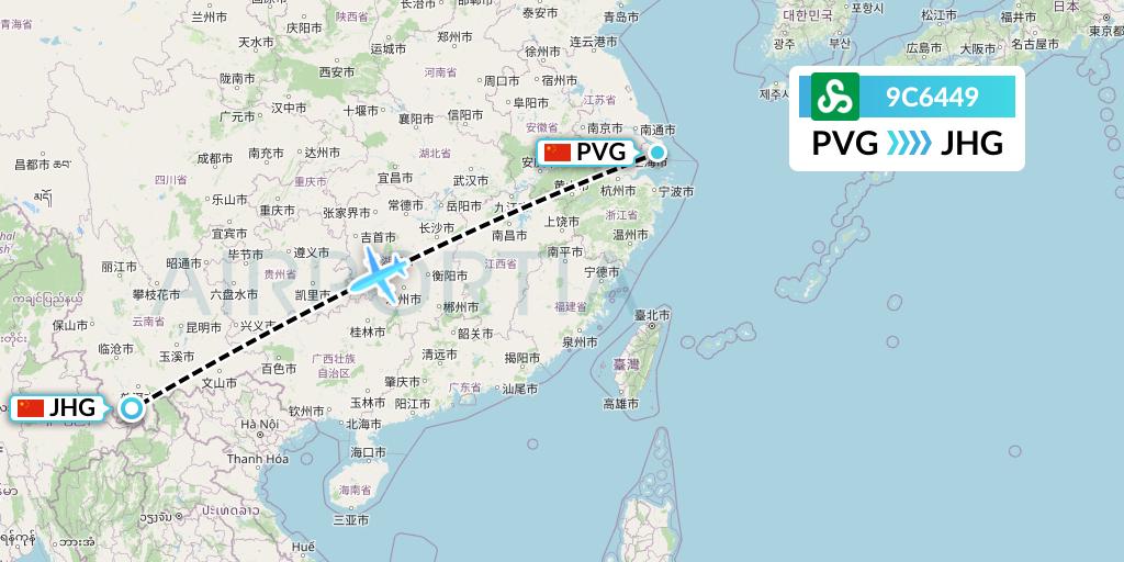 9C6449 Spring Airlines Flight Map: Shanghai to Jinghong