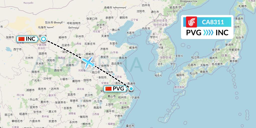 CA8311 Air China Flight Map: Shanghai to Yinchuan