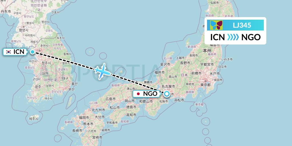LJ345 Jin Air Flight Map: Seoul to Nagoya