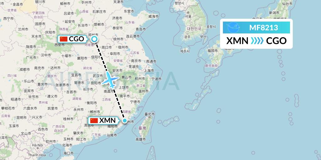 MF8213 Xiamen Airlines Flight Map: Xiamen to Zhengzhou
