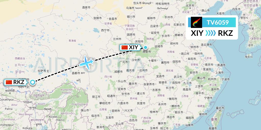 TV6059 Tibet Airlines Flight Map: Xi'an to Shigatse
