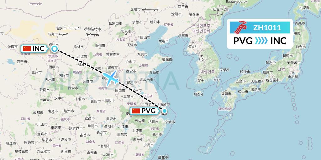 ZH1011 Shenzhen Airlines Flight Map: Shanghai to Yinchuan