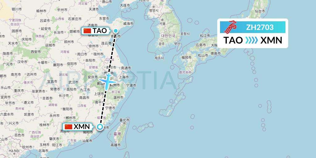 ZH2703 Shenzhen Airlines Flight Map: Qingdao to Xiamen