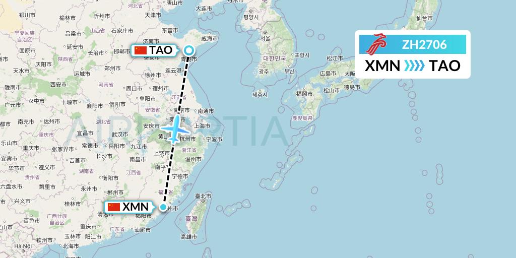 ZH2706 Shenzhen Airlines Flight Map: Xiamen to Qingdao