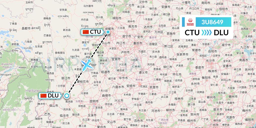 3U8649 Sichuan Airlines Flight Map: Chengdu to Dali