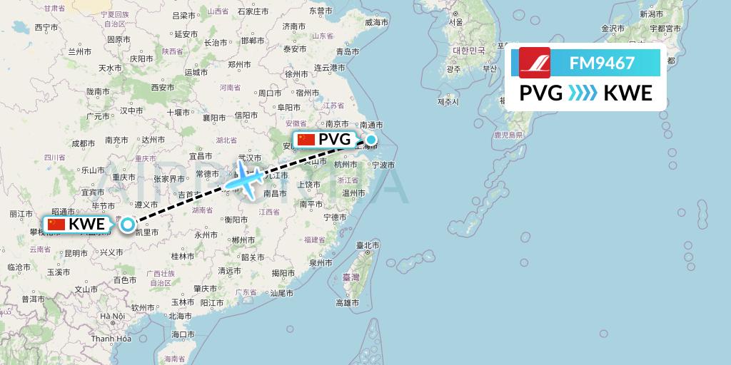 FM9467 Shanghai Airlines Flight Map: Shanghai to Guiyang