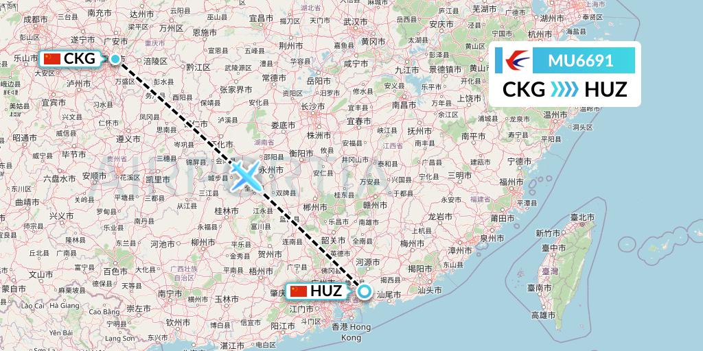 MU6691 China Eastern Airlines Flight Map: Chongqing to Huizhou