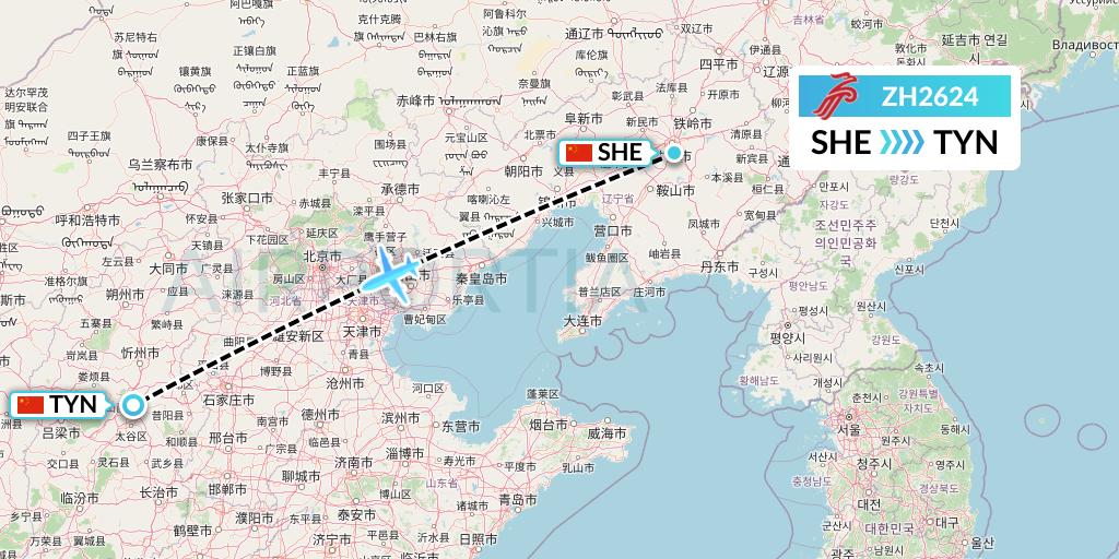 ZH2624 Shenzhen Airlines Flight Map: Shenyang to Taiyuan