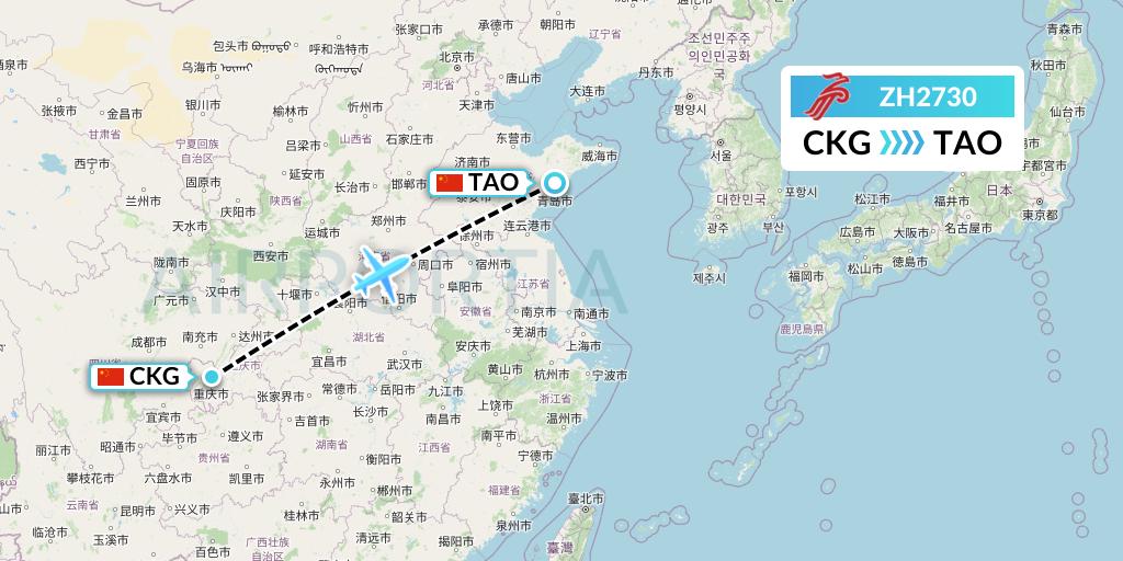 ZH2730 Shenzhen Airlines Flight Map: Chongqing to Qingdao