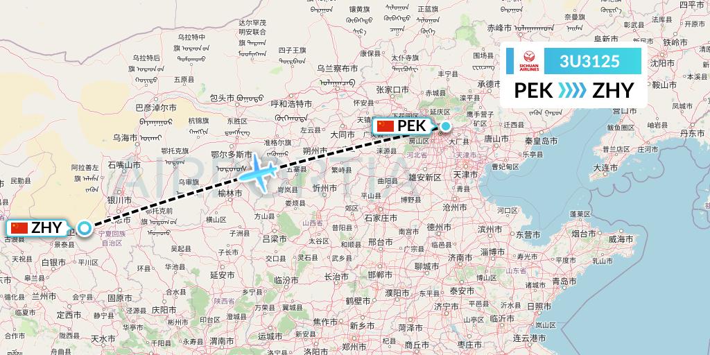 3U3125 Sichuan Airlines Flight Map: Beijing to Zhongwei